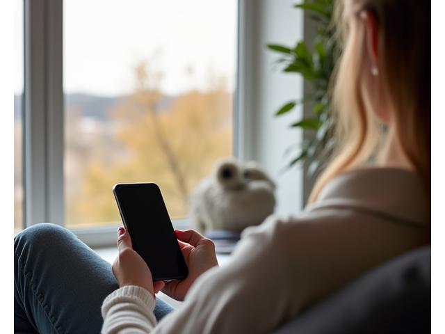 En person med et rolig ansiktsuttrykk som holder en smarttelefon, men fokuserer på utsikten utenfor et vindu, symboliserende bevisst og intensjonell bruk av teknologi.