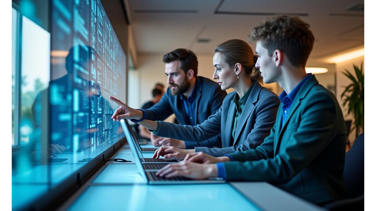 Et moderne kontorlandskap med varierte team som samarbeider effektivt og samhandlende, med digitalt fokus på en skjerm i forgrunnen.