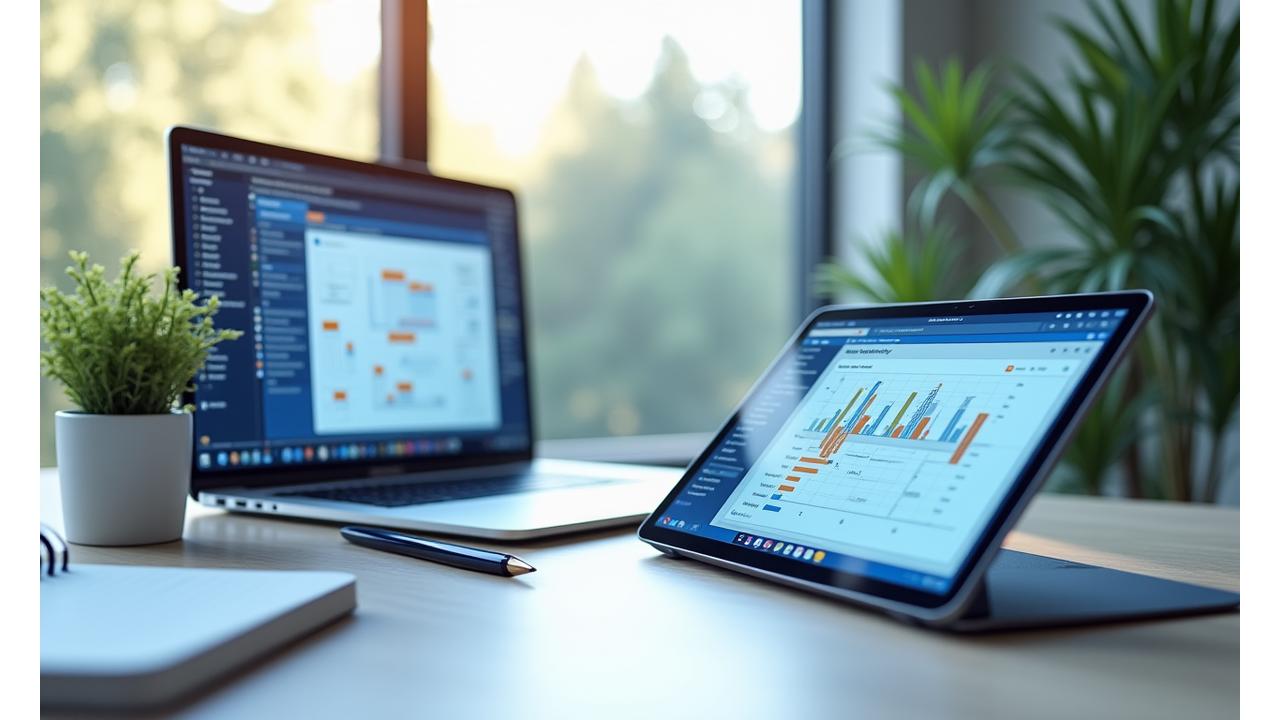 Oversiktsbilde av strategisk planlegging med notater og digitale verktøy, som representerer helhetlige tjenester for produktivitet.